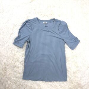 Kensie Ribbed Puff Sleeve Top Womens Large Blue Lettuce Hem Short Sleeve Crew